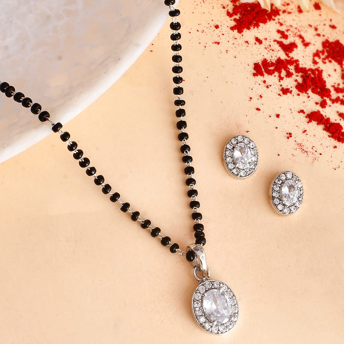 Sparkling Oval Cz Studded Silver Mangalsutra Set