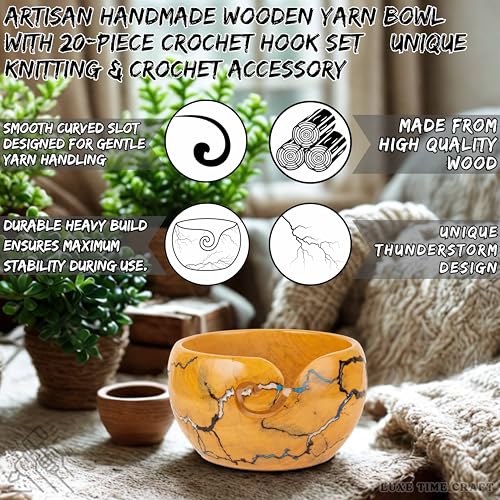 Image of Wooden Yarn Bowl for Crocheting, 7x4inch Large Yellow Teak Crochet Holder Gift Accessories and Knitting Gadgets Supplies Handcrafted with Fractal Wood Burning & Blue,White,Black Resin Inlay (H-Multi)