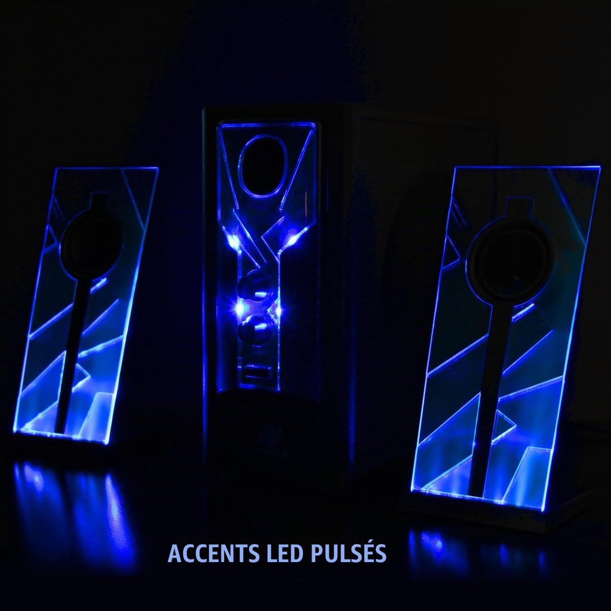GOgroove Haut Parleurs PC Enceintes Stereo 2.1 Satellite Basses Passives Lampes LED Scintillantes - Compatible avec Ordinateur, Tablette, Smartphone et Tout Appareil Equipé d'un Port AUX 3,5 mm - Bleu