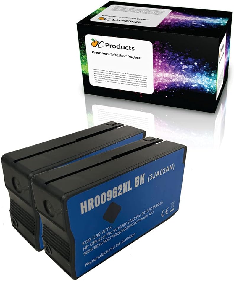 Remanufactured Ink Cartridge for HP 962XL Black Ink Cartridge 2 Pack for OfficeJet Pro 9010 9012 9013 9014 9015 9016 9018 9019 9020 9022 9023 9025 9026 9028