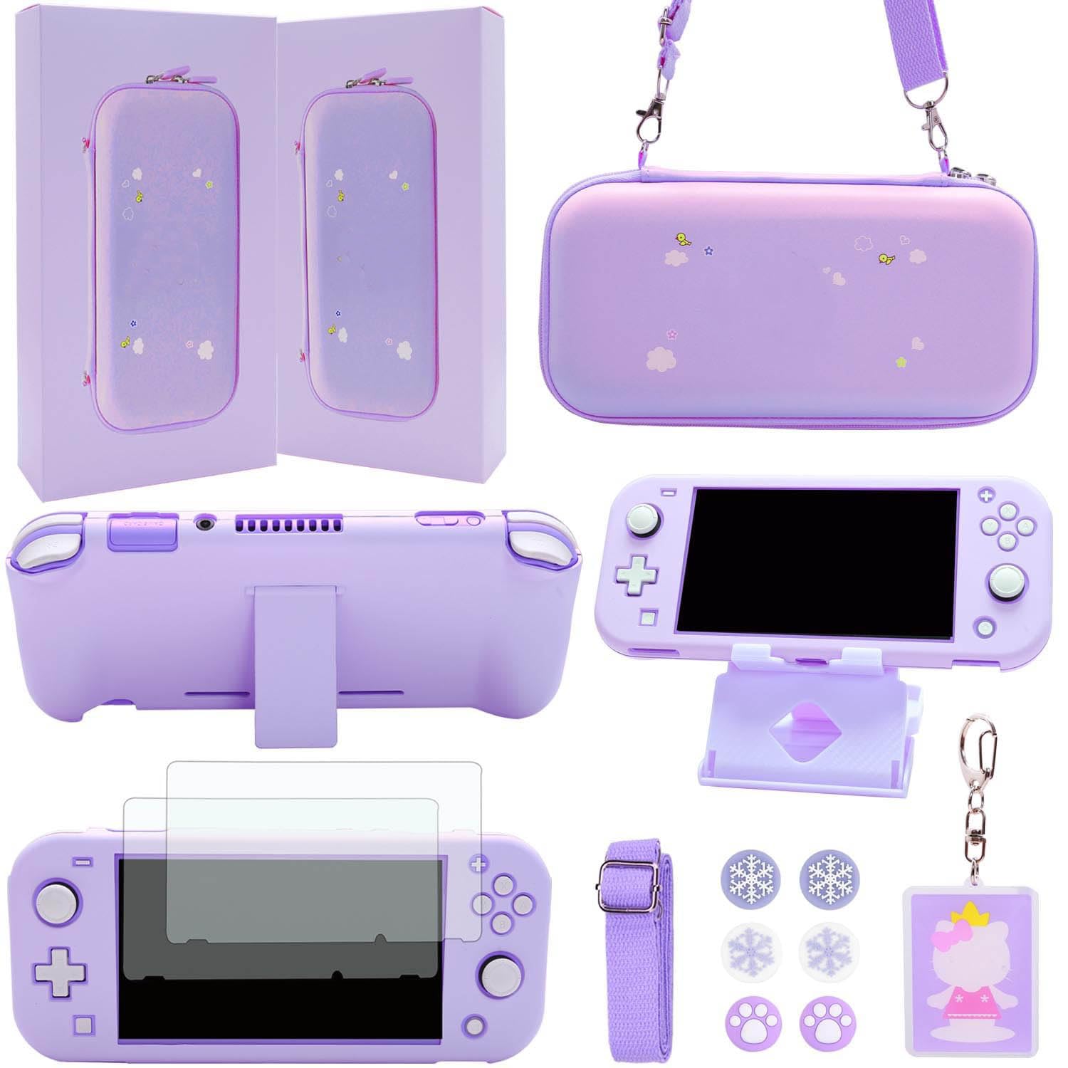 GUTIAL Zestaw akcesoriów do Nintendo Switch Lite – uroczy zestaw akcesoriów Kawaii NS Lite dla chłopców i dzieci z futerałem, etui z kreskówki, osłona ekranu, stojak - fioletowy