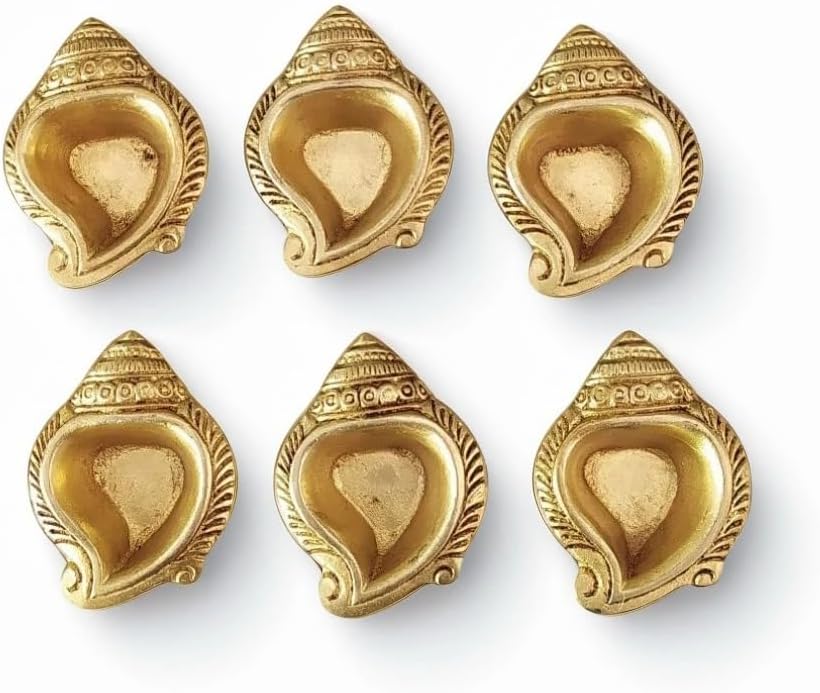 Set of 6 Conch Shaped Brass Oil Lamps – Handcrafted Diyas for Diwali & Sacred Spaces