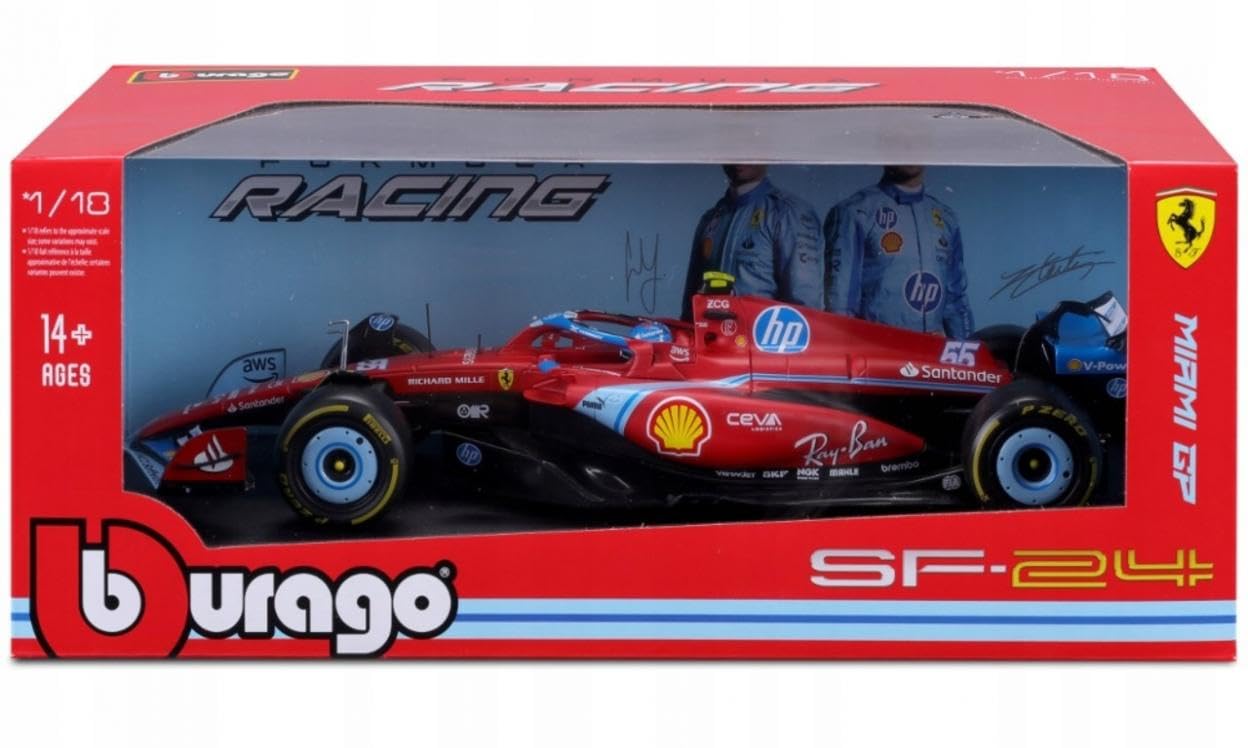 Bburago - Ferrari SF24 F1 Miami 2024#Sainz mit Helm – Miniaturauto aus Metall 1/18 – offizielles Modell Ferrari Formel 1 Saison 2024 – Sehr realistische Details – Ferrari Collector Edition