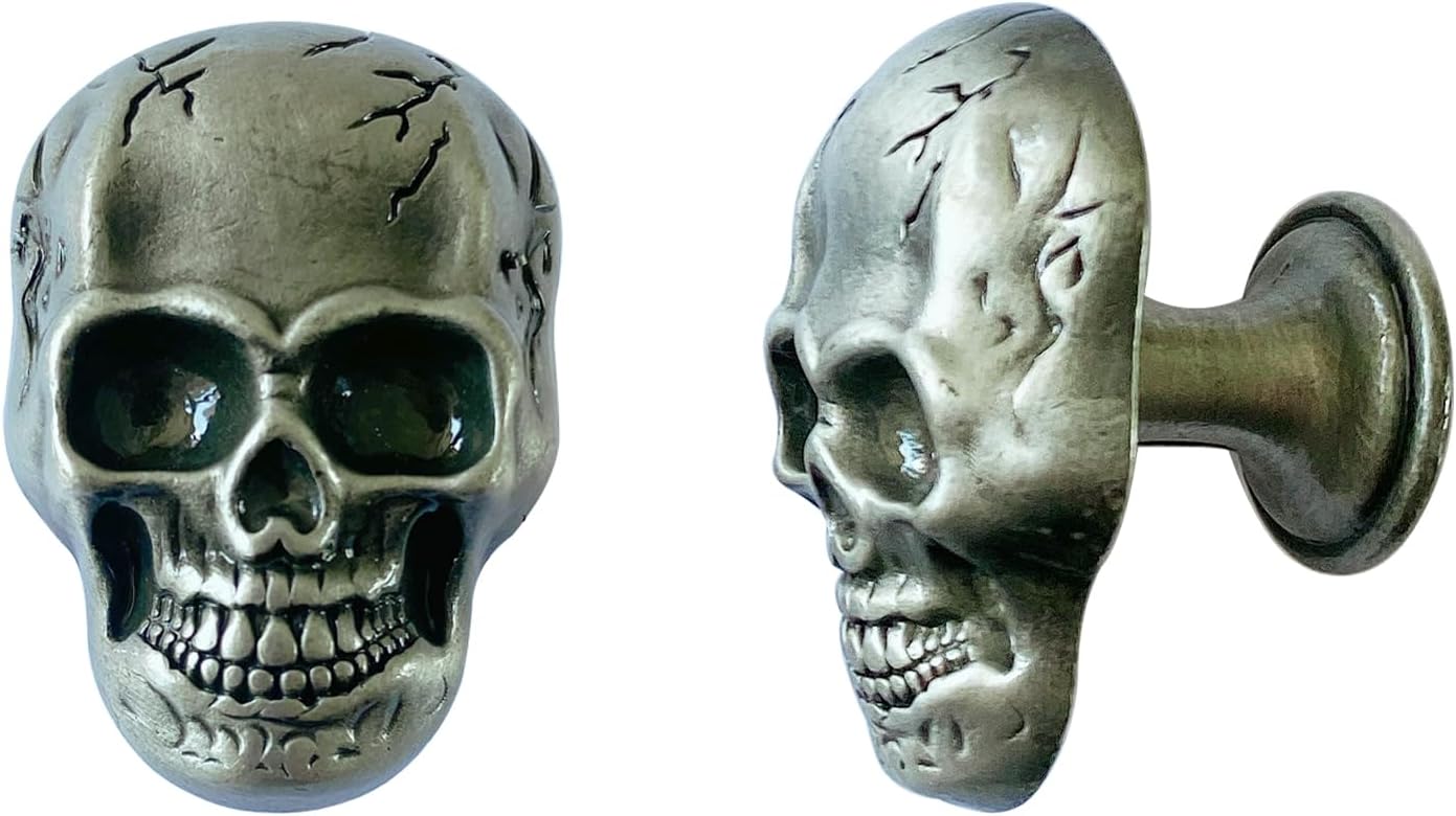 Set of 4 Skull Drawer Knobs, Cabinet Knobs, Drawer Pulls, Halloween Home Decor (Pewter-Alloy Skull Knobs)