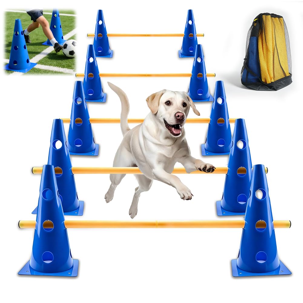 Agility Set Hunde Klein, Hunde Steckhürdenset, Einstellbare Trainingshürden, Hundeparcours Hindernisse, Kegel Hürden, 23 cm Höhe, 5 Stangen 80 cm Lang, Hundesport