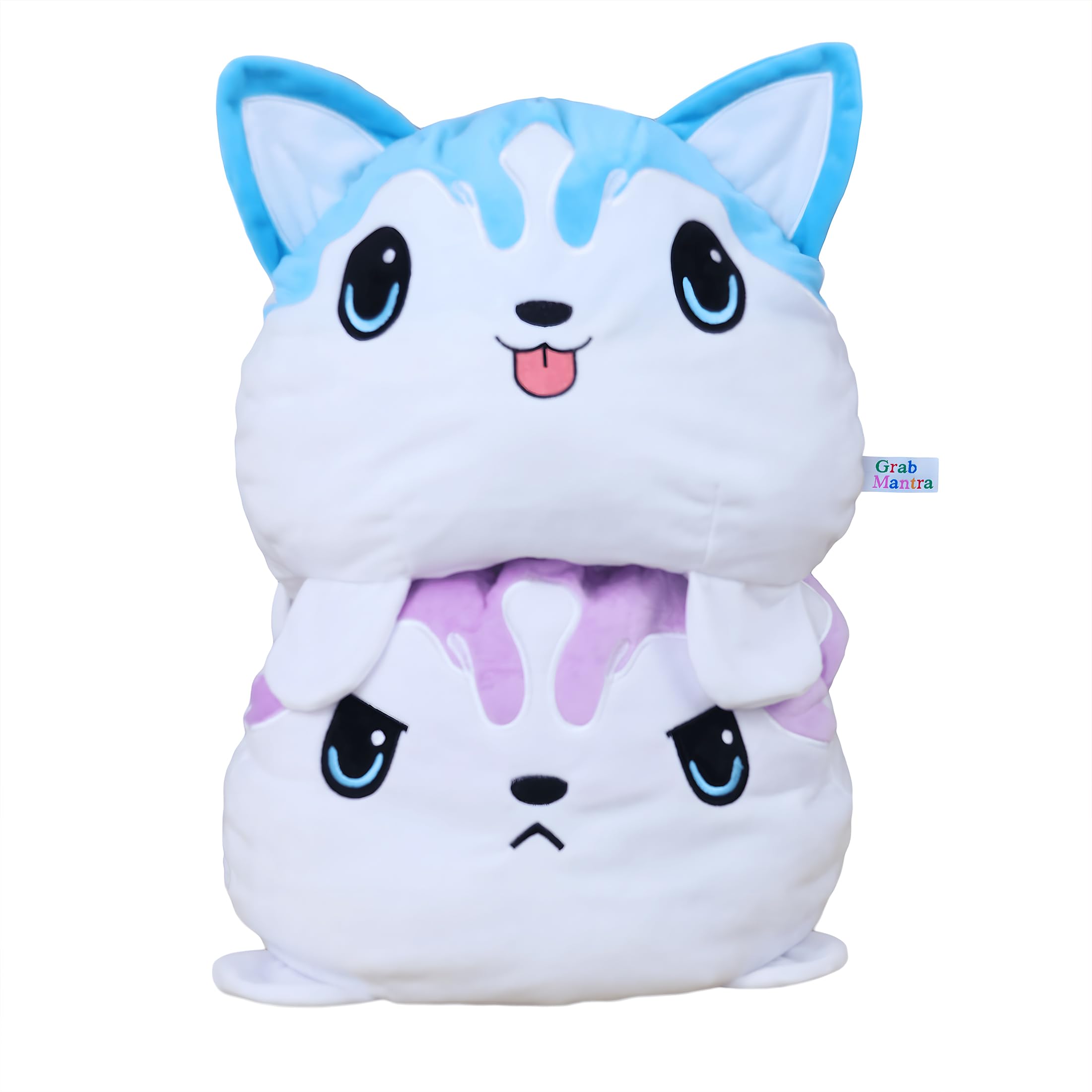Grab Mantra Jumbo Reversible Cat Plush Toy – 40cm Double-Sided Flip Stuffed Animal Mood Plushie for Kids & Adults, Soft Cuddly Gift or Home Décor (Purple & Blue)