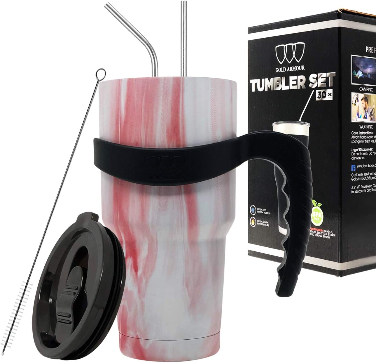 Gold Armour 30 oz Tumbler - 6 Piece Stainless Steel Insulated Water & Coffee Cup Tumbler with 2 Straws, 1 Lid, 1 Handle - 18/8 Double Vacuum Insulated Flask Water Bottle (Pattern: Primrose Marble)
