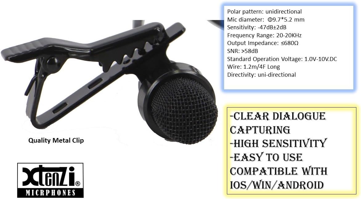 Close-up of Xtenzi iX4Pro microphone clip and specifications