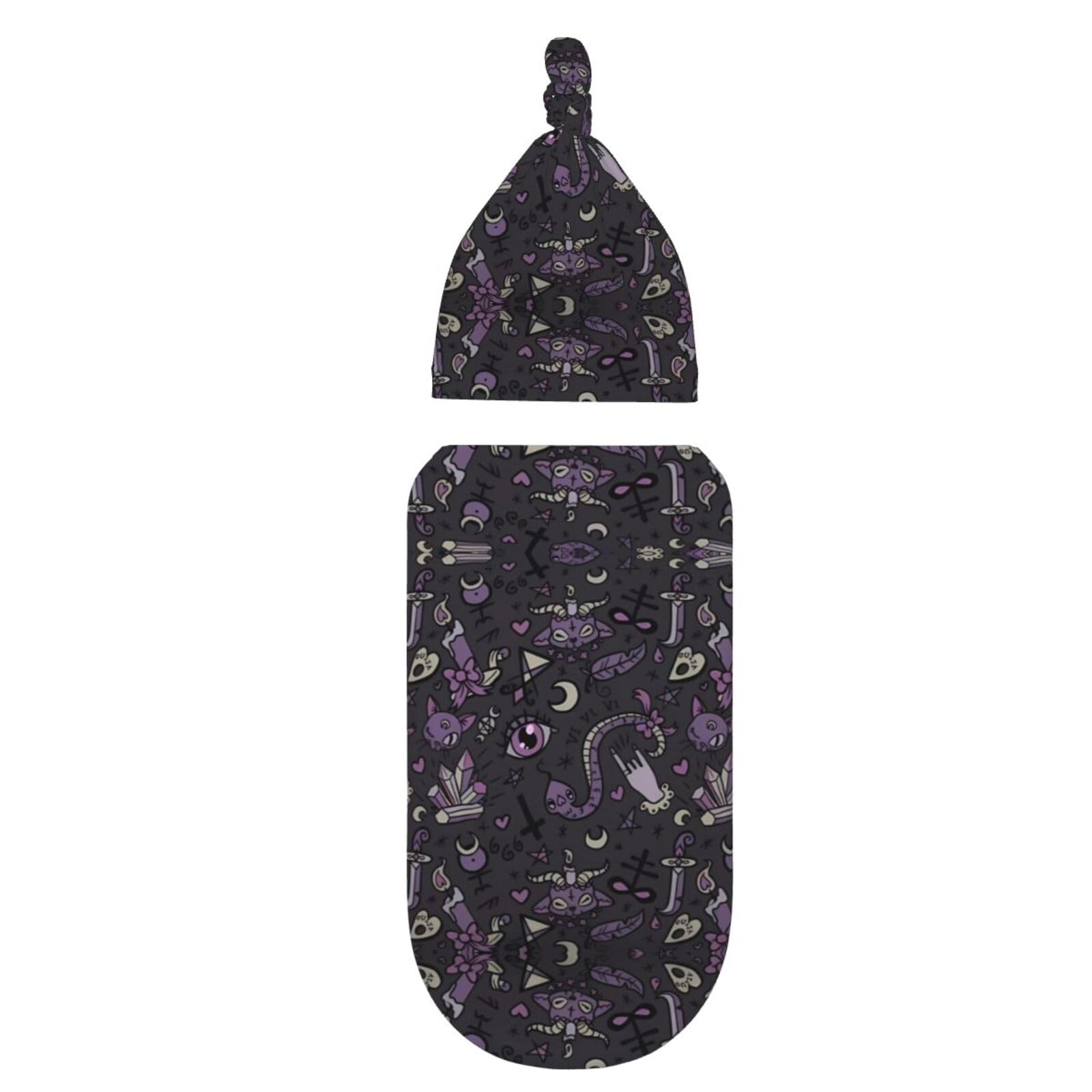BLWSLC Purple Black Goth Spooky Newborn swaddle bag set, baby receiving blanket with hood, suitable for babies 0-6 months