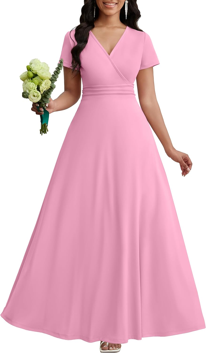 CLOCOR Maxi Dress for Women Long Formal Short Sleeve A Line V Neck Dresses Wedding Guest High Waist Elegant