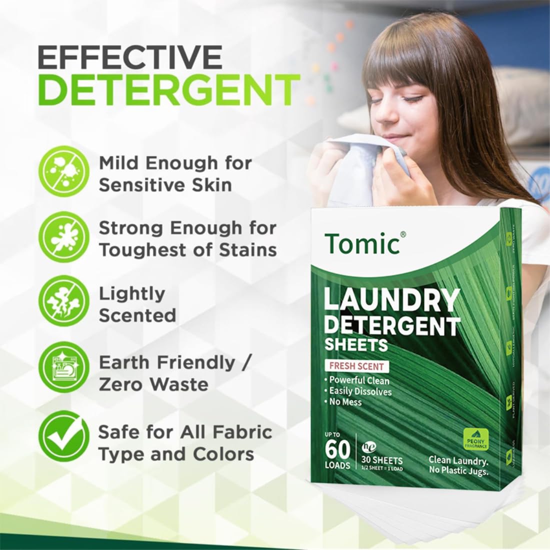 Lessive en Feuille Biodégradable, 30 sheets/60 loads, 100% Hydrosoluble-Lessive pour bebe-Hypoallergénique-Sans Plastique, Pour Blanc et Couleur-Lessive main voyage-Fraîcheur intense