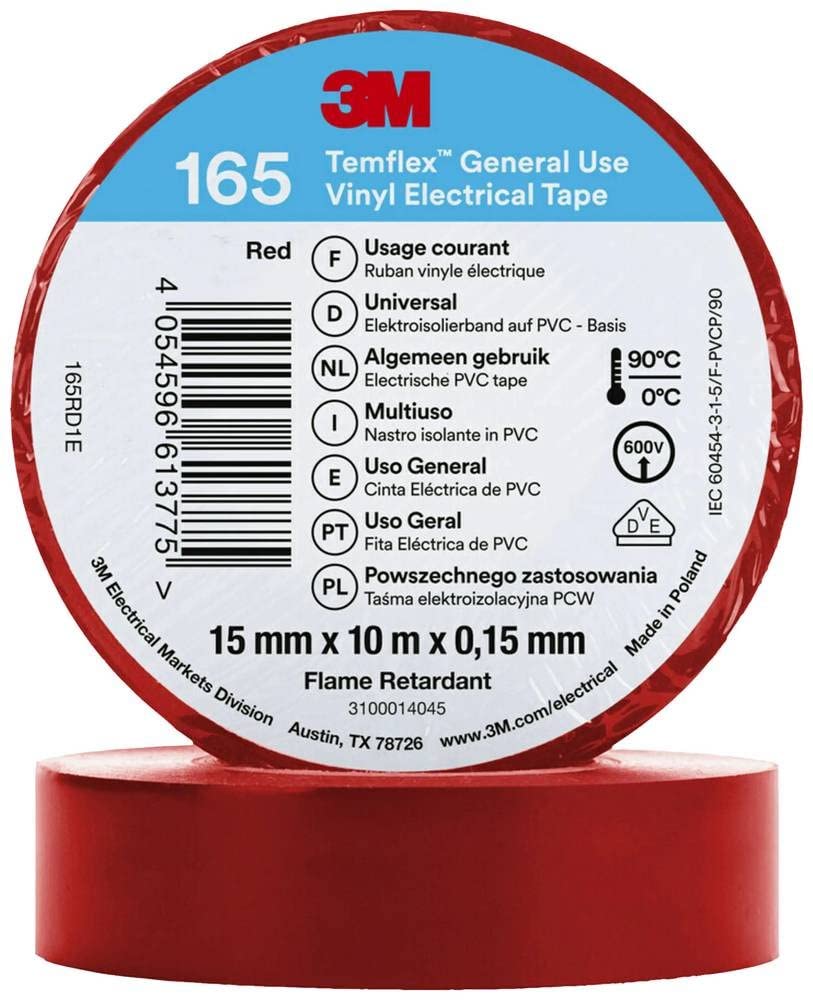 3MTemflex™ 165 165RD1E Electrical Tape Temflex™ 165 Red (L x W) 10 m x 15 mm
