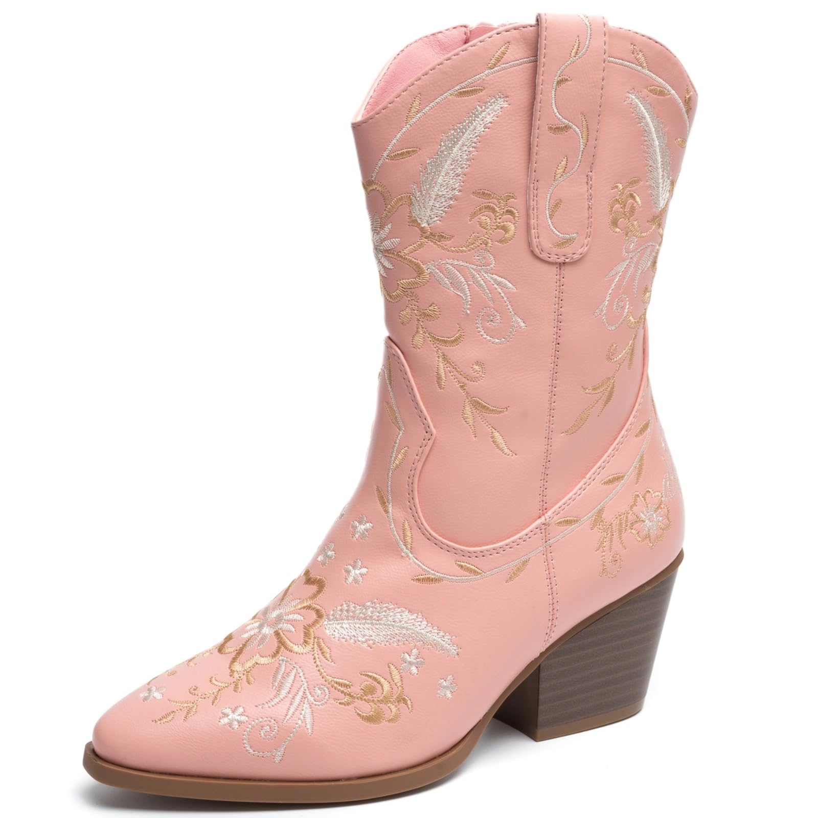 ANJOUFEMME Womens Wide Calf Cowboy Boots, Western Cowgirl Mid Calf with Gold Embroidery, Chunky Heel Zip Up Pointed Toe Boots