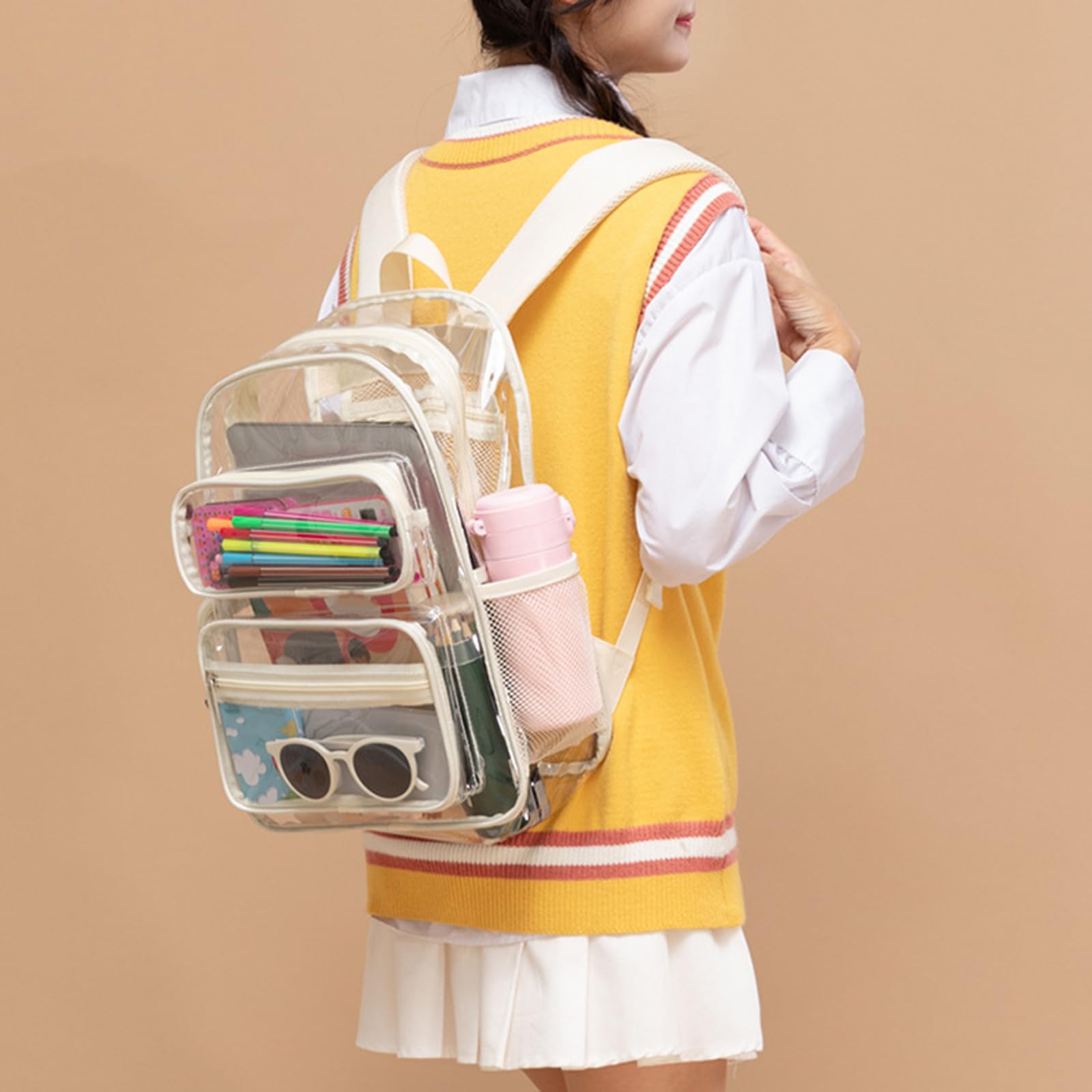 Zaino per laptop trasparente Zaino casual in PVC Zaino da scuola Zaini giapponesi Zaino di grande capacità per lavoro studentesco Borsa per libri trasparente, Nero , Medium