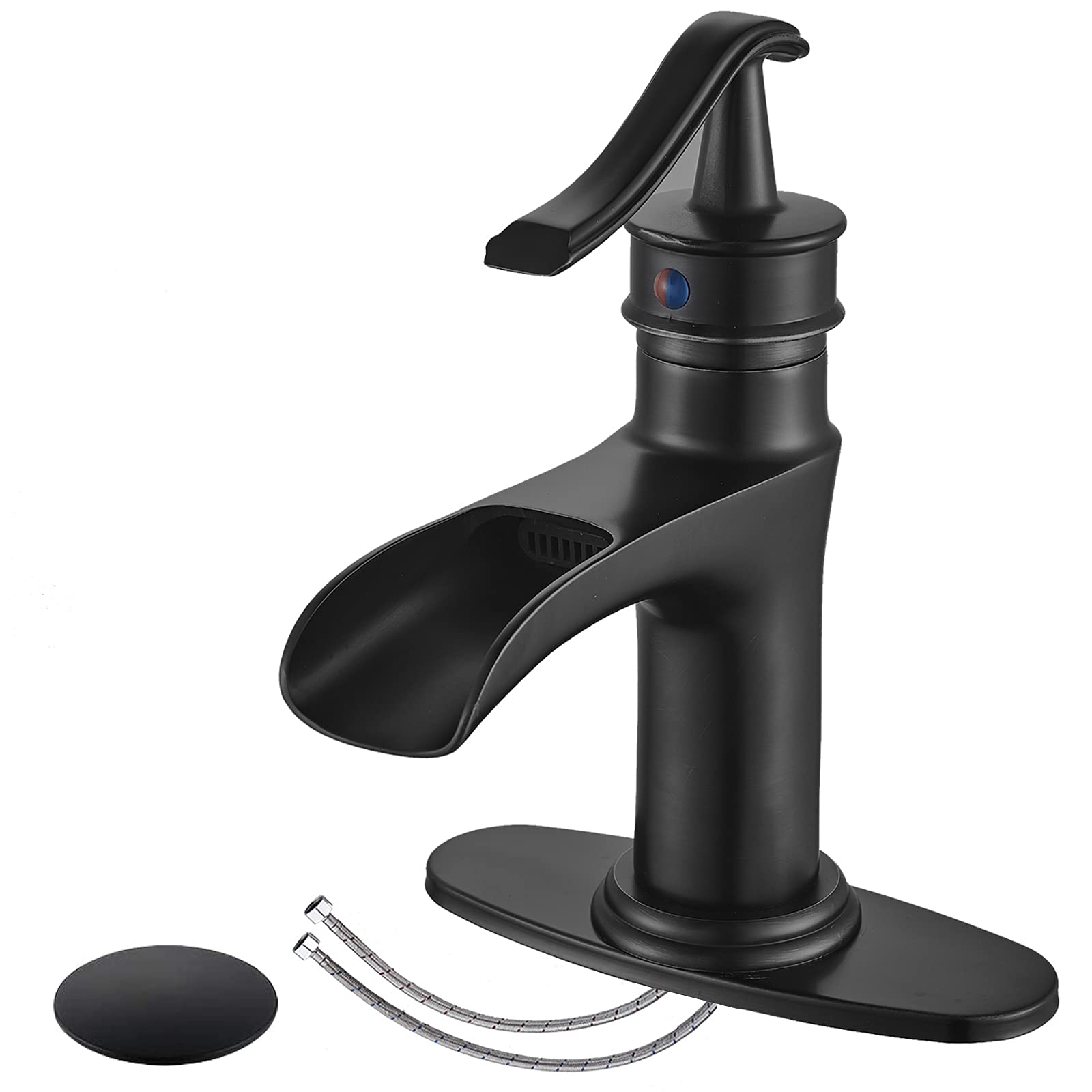 NeierThodore Waterfall Brass Bathroom Faucet Single-Handle One Hole Vanity Sink Faucet Vessel Faucet Basin Mixer Tap with Deck Plate,Matte Black