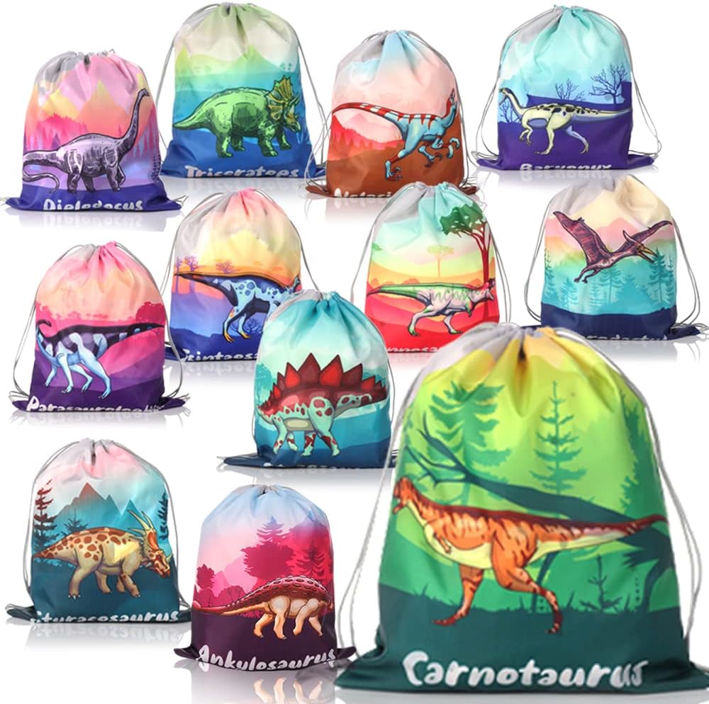 Dinosaur Party Favor Bags 12Pack, Dinosaur Birthday Party Supplies Decorations for Boys and Girls, Goodie Bags for Kids Gift, Drawstring Backpack Bag as Loot, Candy and Snacks, School, Travel, Storage