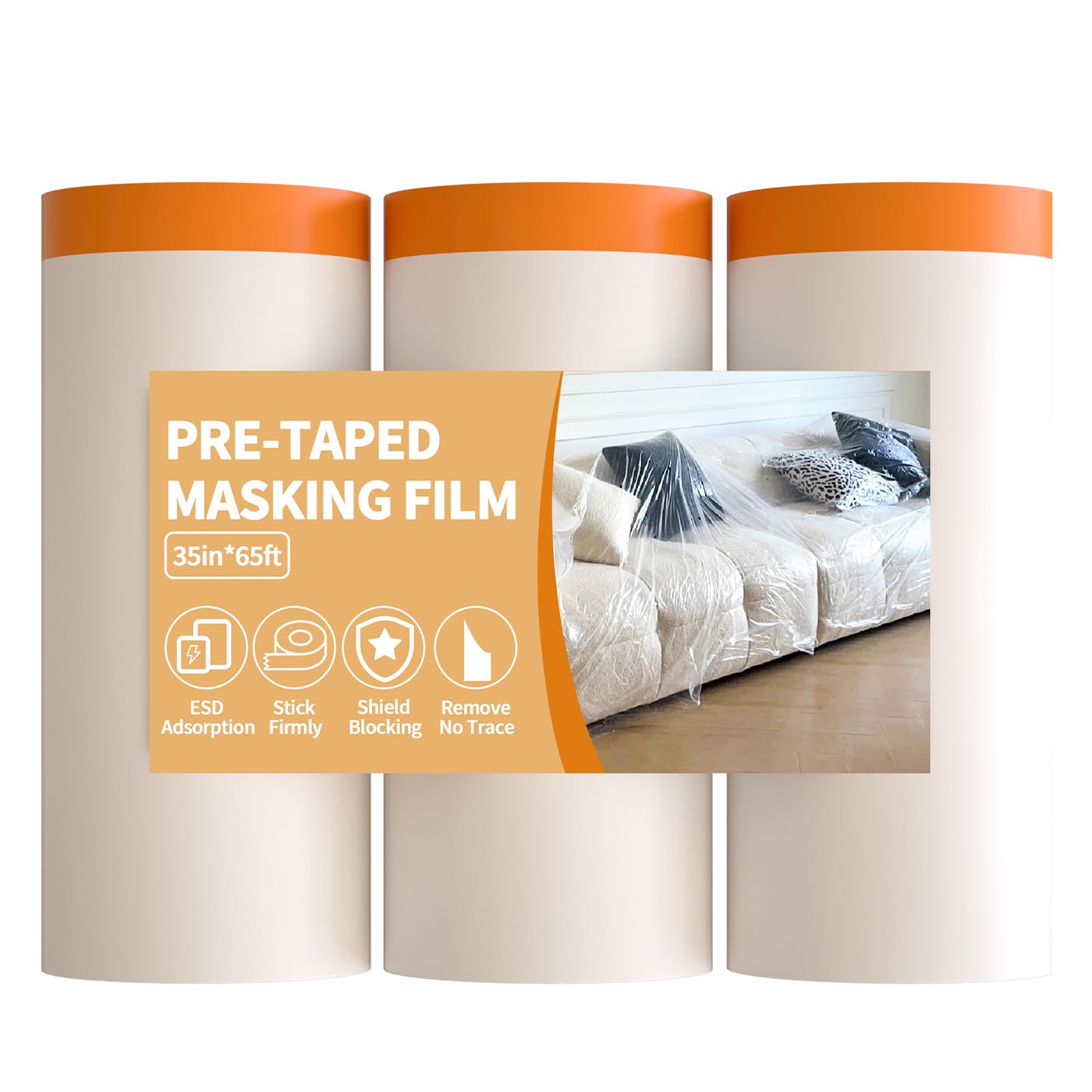 Película de enmascarar presellada para pintar, rollo de plástico para pintores de 35 pulgadas x 65 pies con cinta de pintura automotriz y cortina, película de pintura de plástico para ventanas