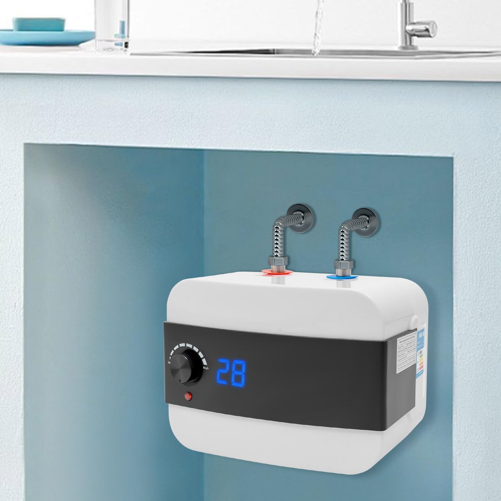 Scaldabagno elettrico da 6 l, 1500 W, scaldabagno con indicatore LED, scaldabagno per cucina e bagno, protezione IPX4, bianco e nero