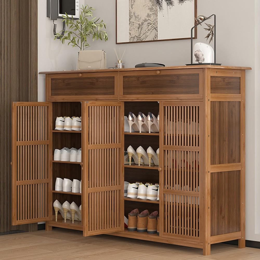 Houten schoenenkast met 4 rotandeuren - 108,5 x 24 x 100 cm - plank voor opbergruimte - MDF