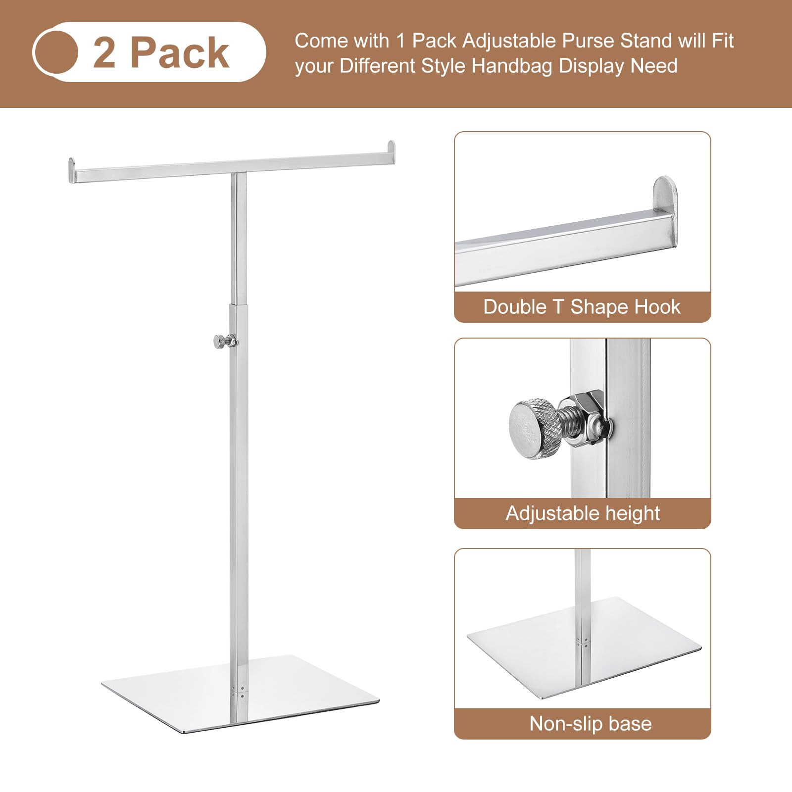 QUARKZMAN Taschenständer Geldbörse Display Stand T Förmig Metall 2 Stück Verstellbare Handtaschenständer Doppelterer Hakenhalter Halskette Organizer für Haus Boutique Geschäft, Silber