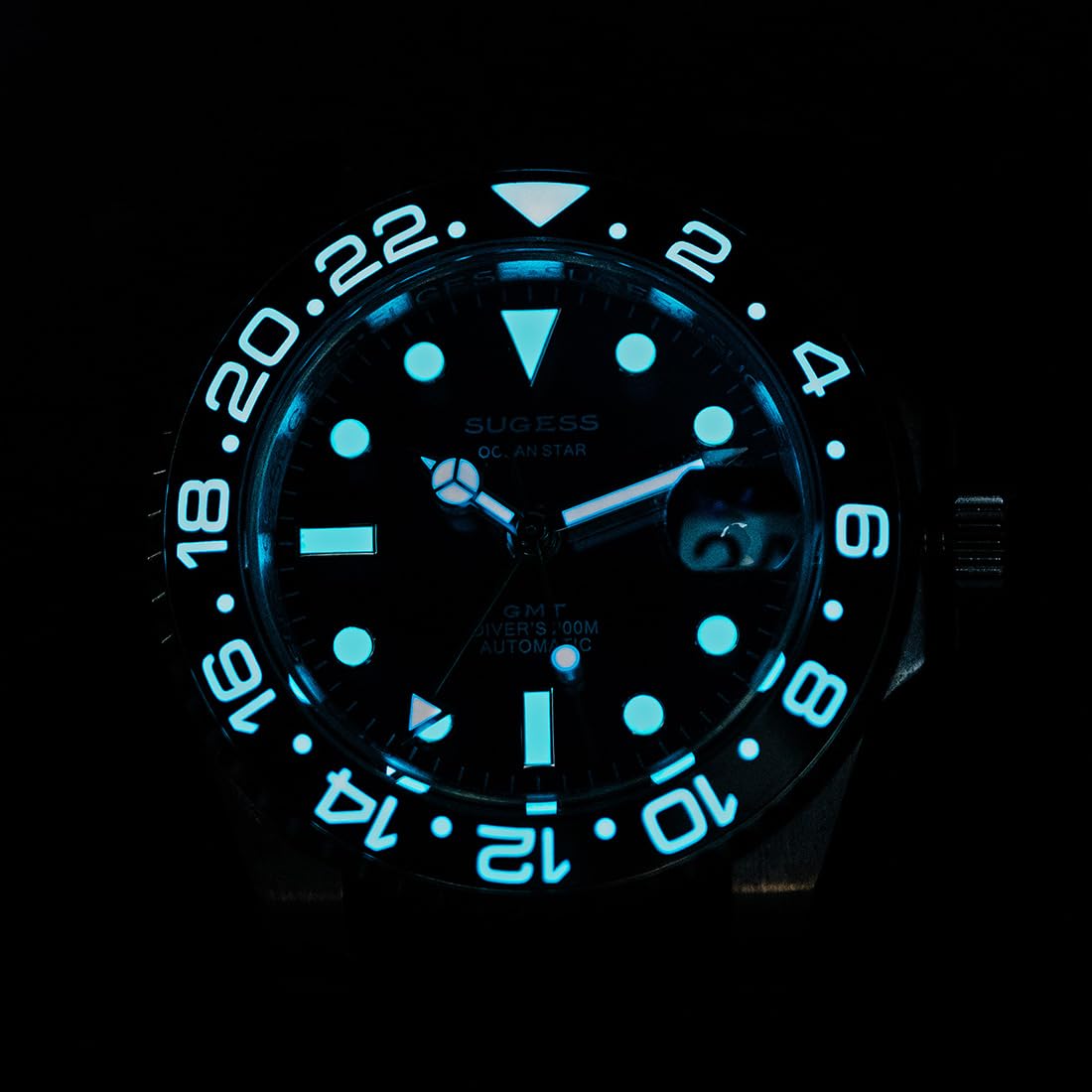 Sugess S420-2 GMT Automatico Acciaio Nero Blu Datario Zaffiro Orologio Uomo