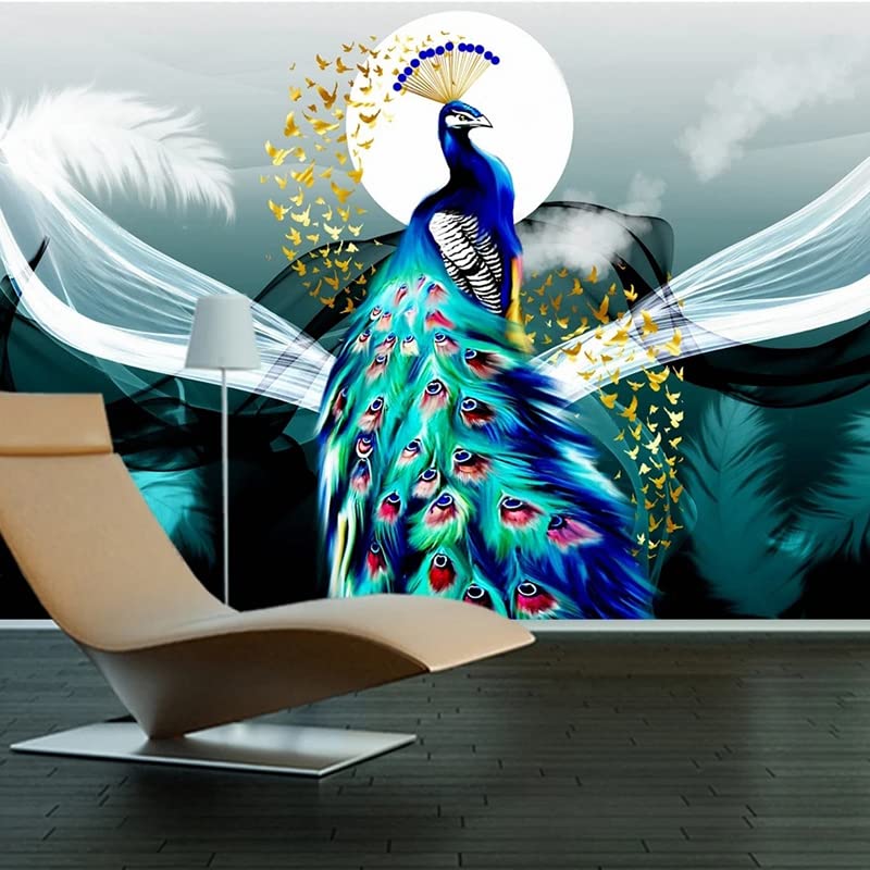 KOMEDO Mural Wallpaper Feathers Moonlight Peacock Pattern TV Sofa Living Room Bedroom Background Wall Decoration Painting -350x245cm