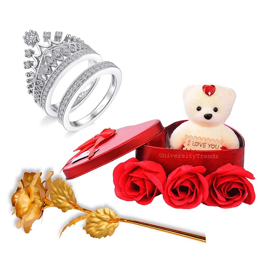 University TrendzWomen's Valentine's Special Combo of Silver Crown Pattern Ring with Artificial Golden Rose and Soft Teddy Bear Flower Box