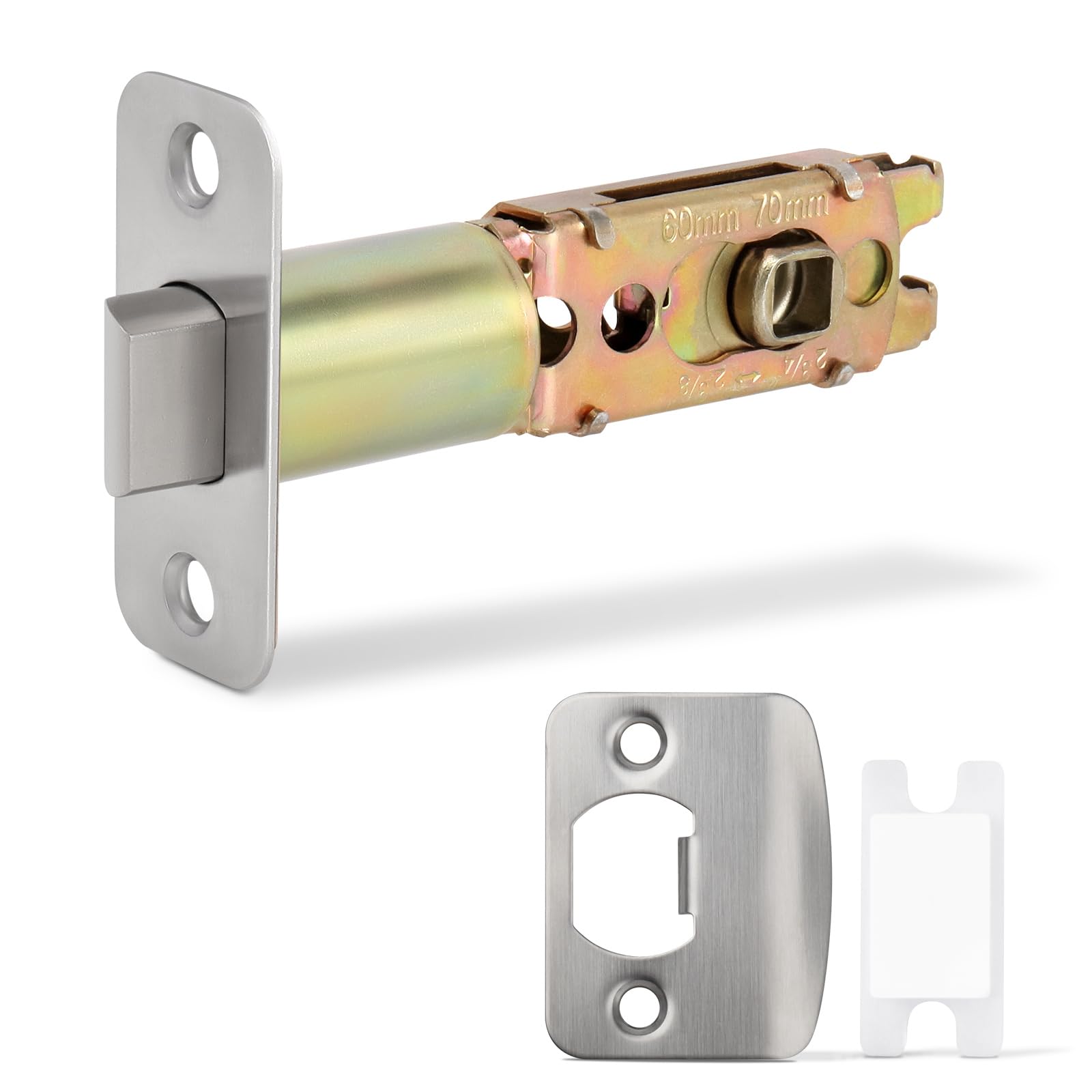 Adjustable Deadlatch 2-3/8" or 2-3/4", Privacy and Passage Door Lock 90° Turning Angle Replacement Latch, Door Latch with Strike Plate and Strike Box, Satin Nickel