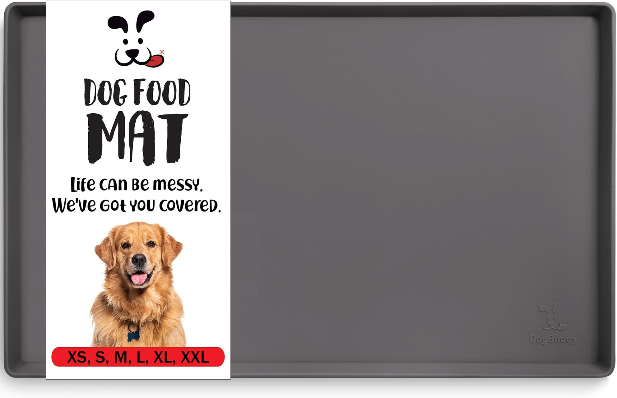 DogBuddy Dog Food Mat – Waterproof Dog Bowl Mat for Food and Water, Silicone Pet Feeding Mats for Floors, Non-Slip Placemat with High Edges for Dogs Bowls, Puppy Essentials (L: 24" x 16", Shadow)
