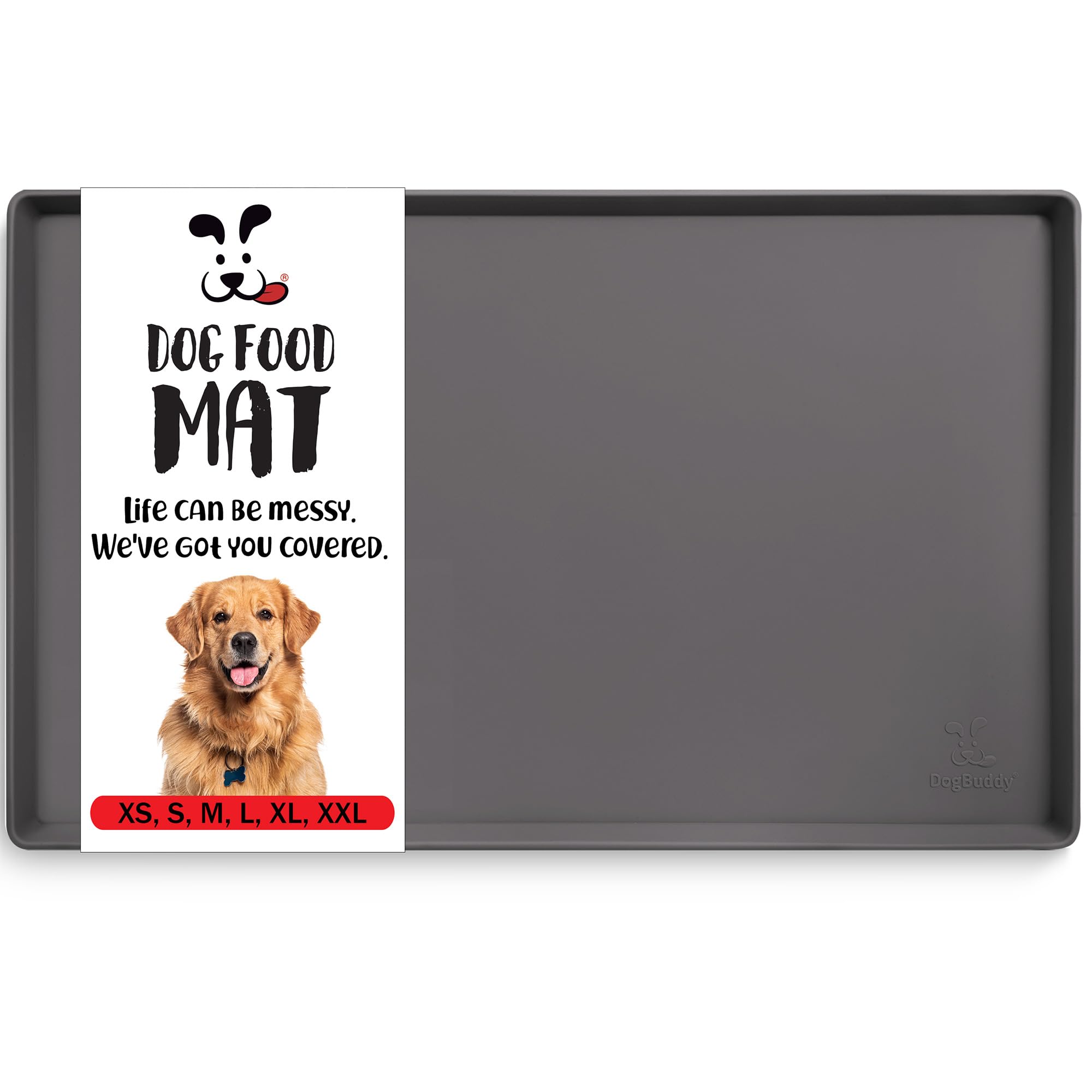DogBuddy Dog Food Mat – Waterproof Dog Bowl Mat for Food and Water, Silicone Pet Feeding Mats for Floors, Non-Slip Placemat with High Edges for Dogs Bowls, Puppy Essentials (L: 24" x 16", Shadow)