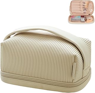 Travel Makeup Bag Double Layer Large Capacity Makeup bag for Women, Cream PU Leather Toast Makeup Bag with Makeup Brush Compartment, Makeup Bag for Girls Travel Portable Beige Makeup Bag