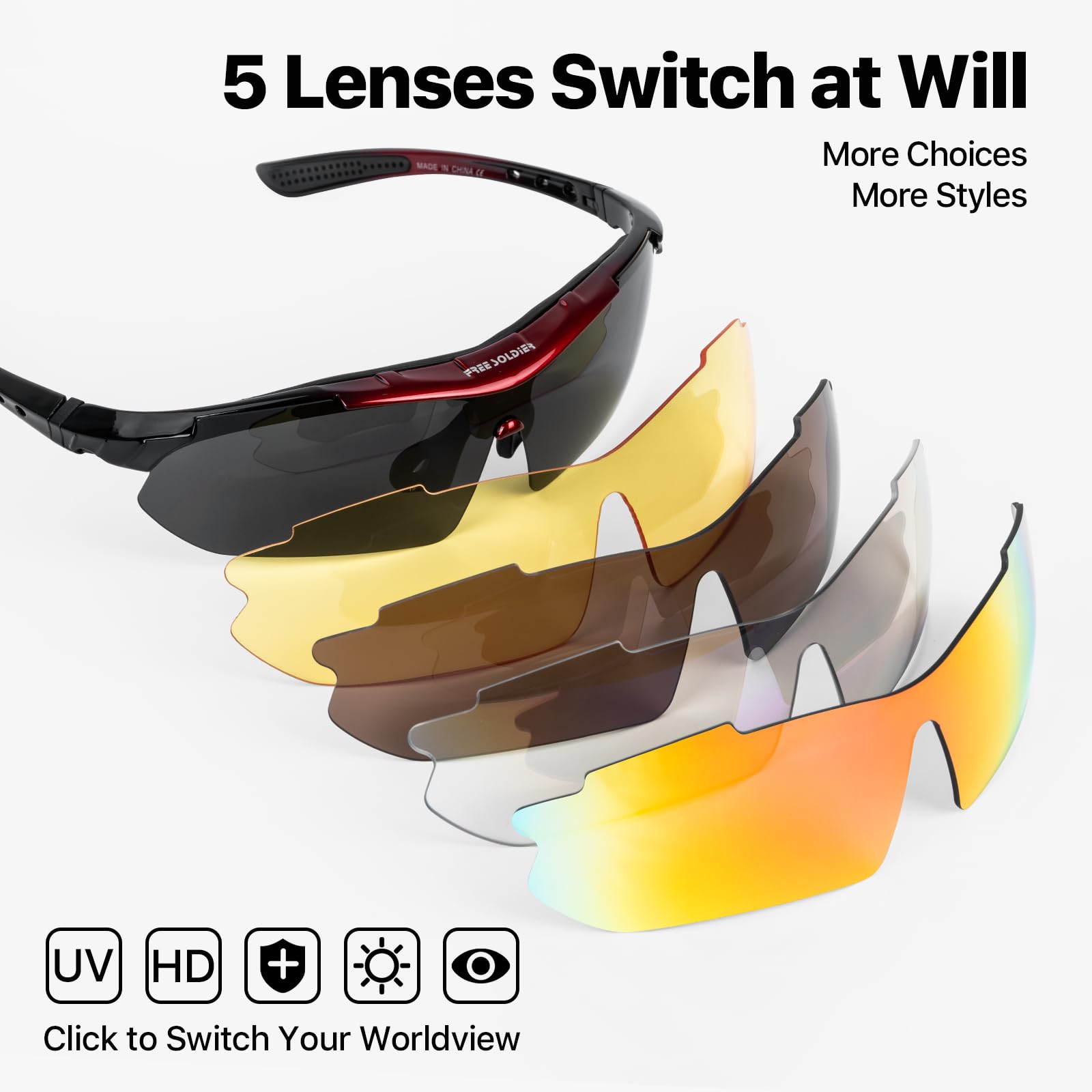 FREE SOLDIER Occhiali da Sole da Uomo Polarizzati 5 in 1 Occhiale Ciclismo MTB Softair Occhiali Tattici Militari Anti-UV400 Protezione per Ciclismo, Corsa, Pesca, Guida, Sport All'aperto