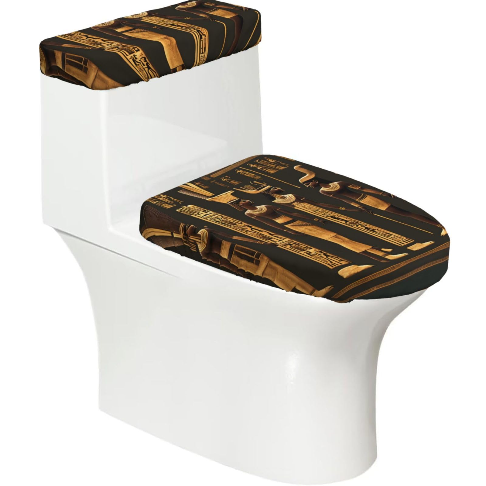 Ancient Egyptian Hieroglyph Printed Toilet Tank and Lid Cover Set of 2 for Most Bathrooms, Fits Elongated Round Toilets