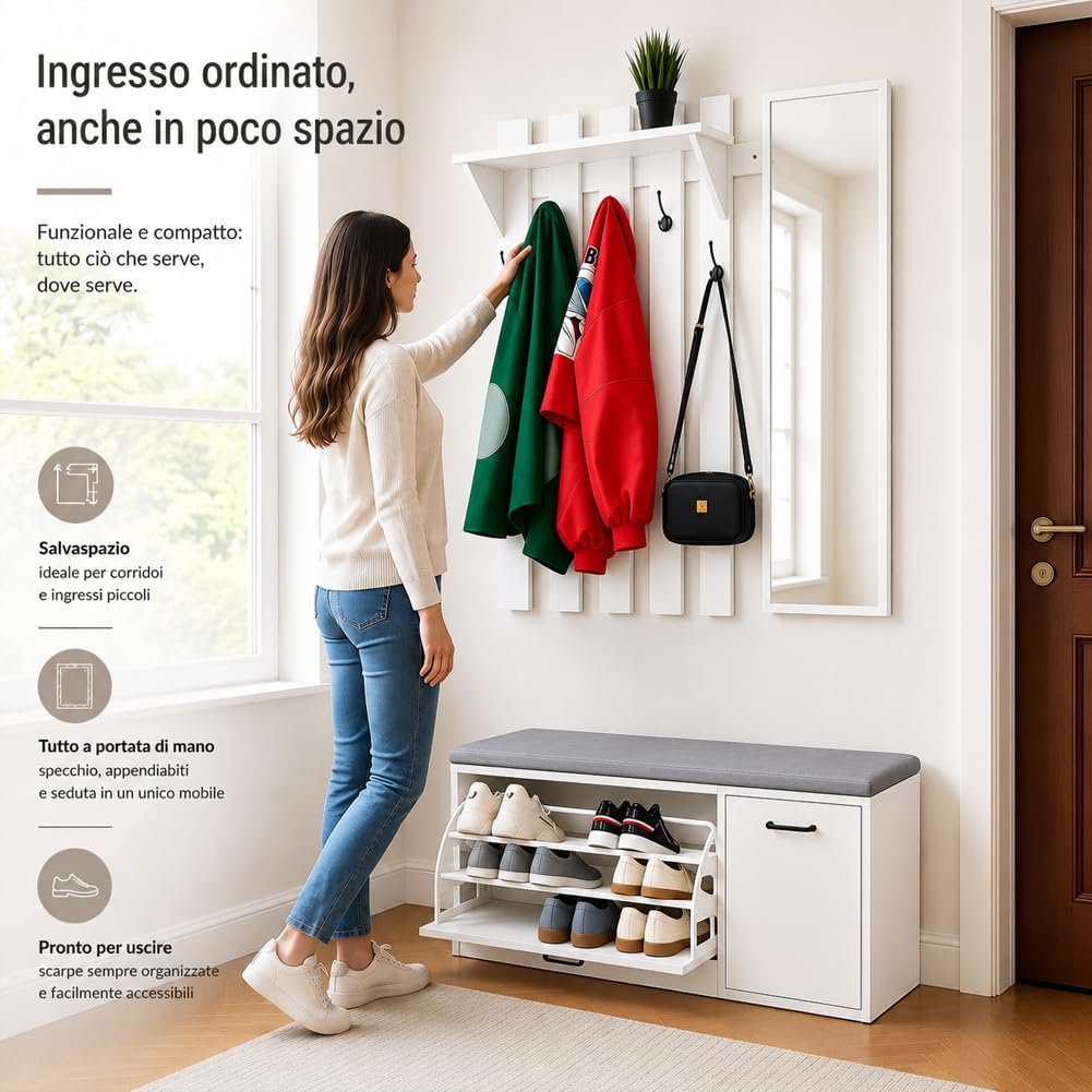 Shally Dogan Set Ingresso con Scarpiera, Appendiabiti e Specchio, Attaccapanni con 5 Ganci Doppi, Mobile Porta Scarpe con Anta e Maniglia Ergonomica, Arredo Salvaspazio Struttura Resistente (Bianco)
