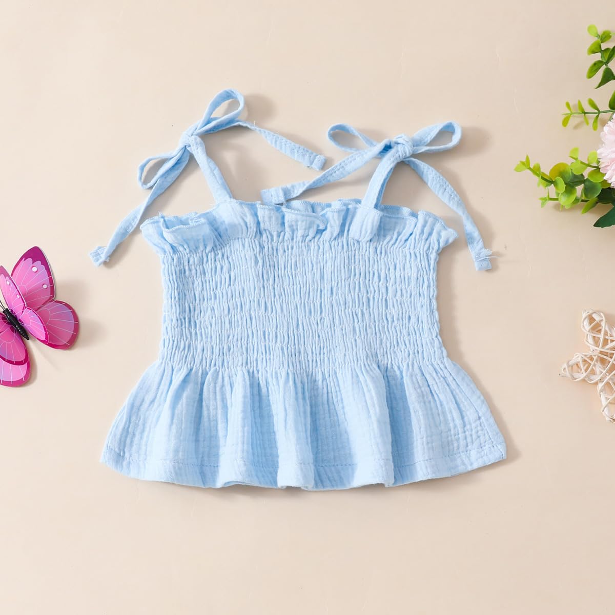 Conjunto Verano para Niñas Pequeñas Color Liso/Cuadros Sin Mangas Con Volantes Camisetas y Pantalones Anchos de Lino Ropa Infantil de Primavera - 2