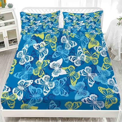 Sabana Bajera 180x200 Mariposa Sabanas Bajeras Estampadas Insecto Sábana Bajera Ajustable Suaves, Elastico Funda Colchon con 2 Funda Almohada 50x80 cm, para Colchón de 30cm de Altura