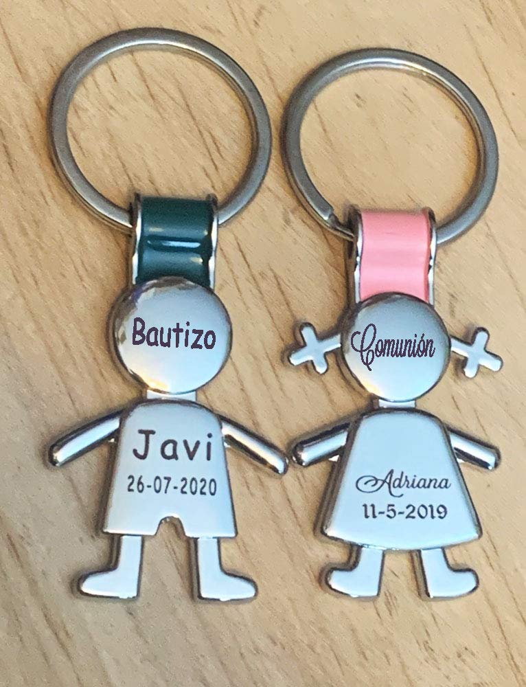 regalo grabado - Llaveros Personalizados Forma Niño, Niña con Texto y Carita elegida | Ideal para Comunión, Bautizo, Cumpleaños, Evento | Metal macizo | Unidades