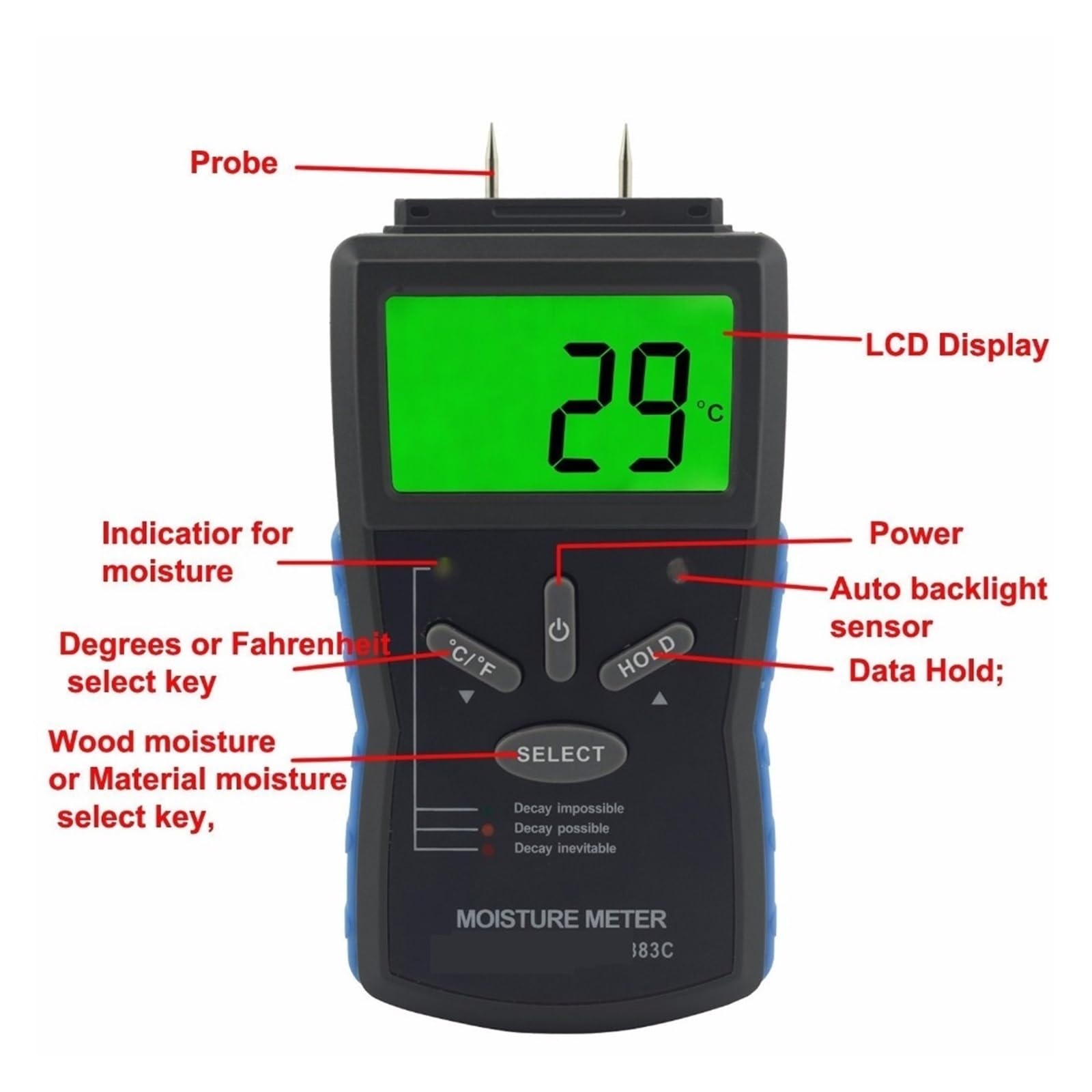 Tester wilgotności, Miernik wilgotności drewna 883C miernik wilgotności analizator miernik detektor wilgoci w drewnie z cyfrowym detektorem drewna LCD,Higrometr