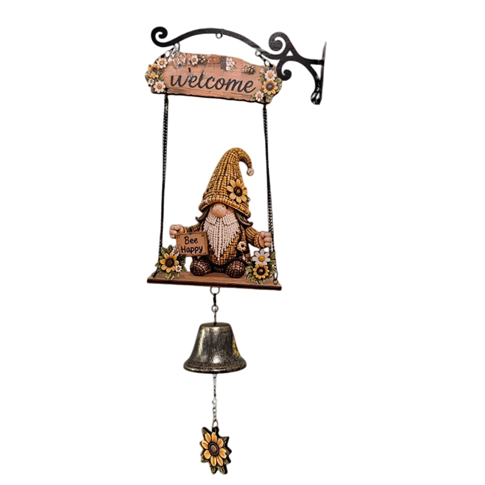 Generic Retro Gnome Welcome Bell Ornament Resin Rustic Hand Bell Figurines Crafts Multi-Purpose Decorative Gnome Wind Chimes Outdoor Villa Decoration (Multicolor 4)