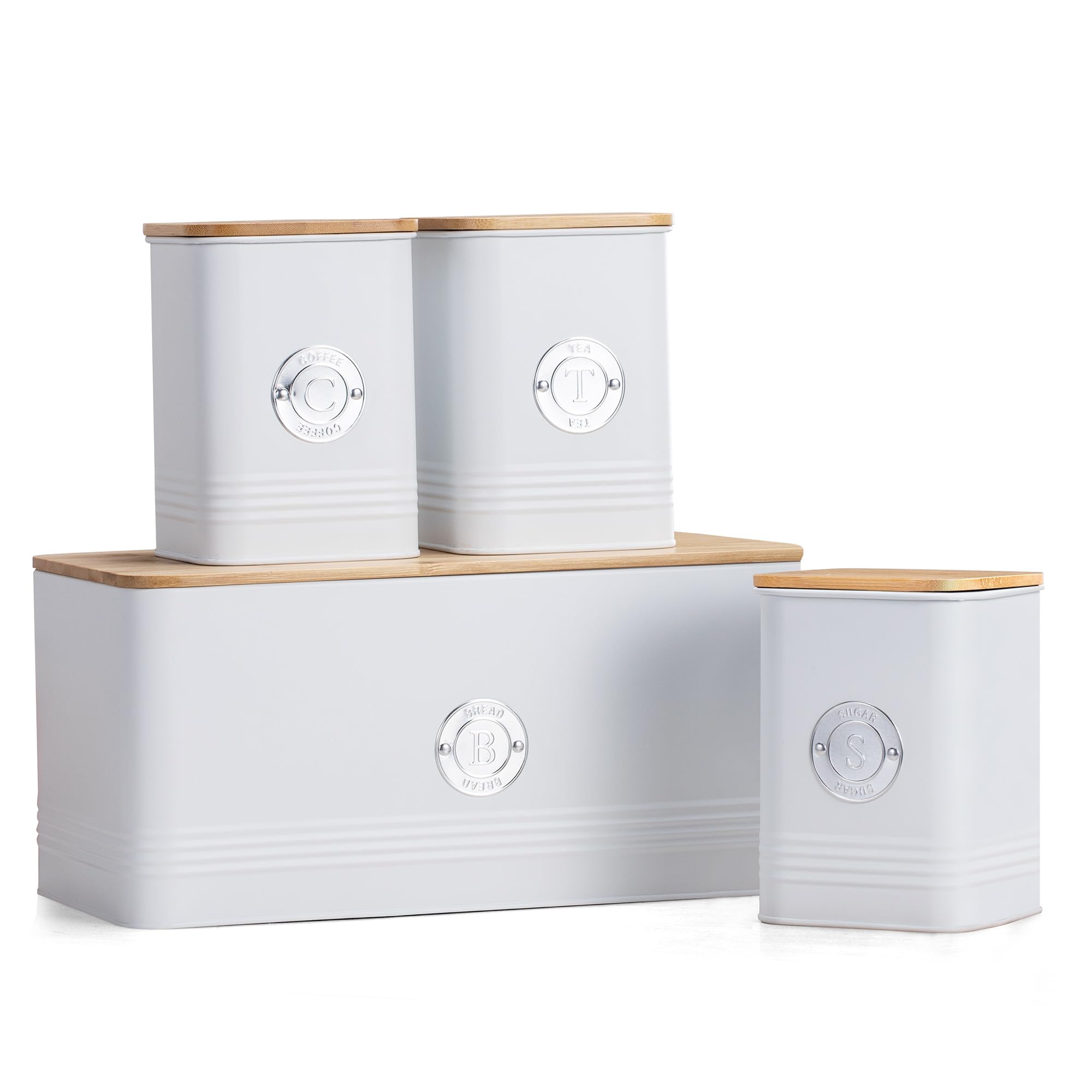 EHC Set of 4 Tea, Sugar, Coffee & Bread Bin Canisters Set, Kitchen Storage Jars with Lids, Containers Canisters Jars Set of 4, White