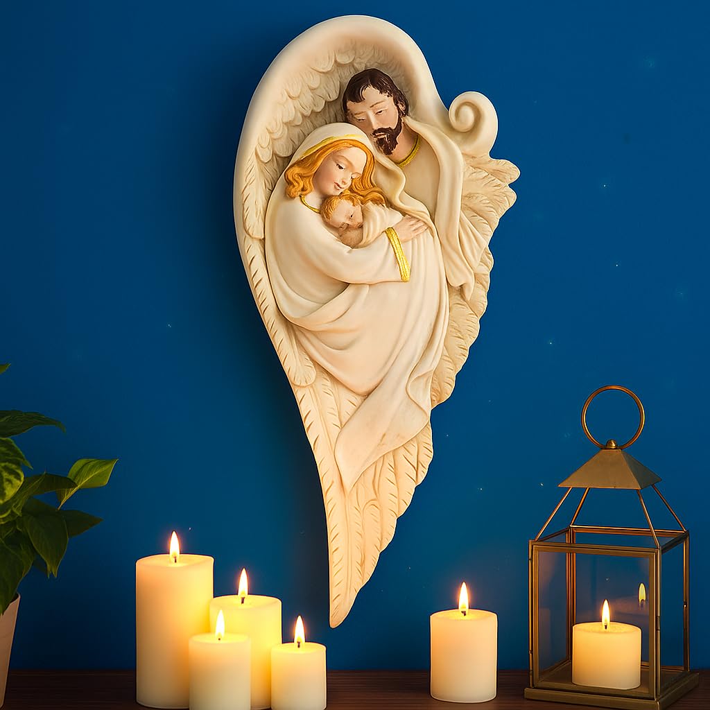 DDSS DD-358 Holy Family of Mother Mary, Joseph, Jesus Christ Idol Statue Sculpture, Wall Hanging Home Decor in Poly Stone Ivory Marble Finish Size: 30cm X 15cm