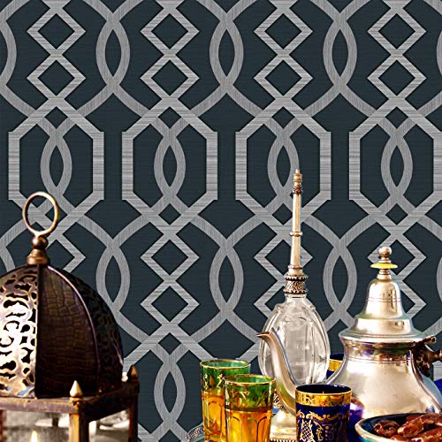 F7265 Geometric Pattern Wallpaper Silver/Dark Blue Embossed Wall Paper Bedroom Living Room Hotels Wall Decoration 20.8