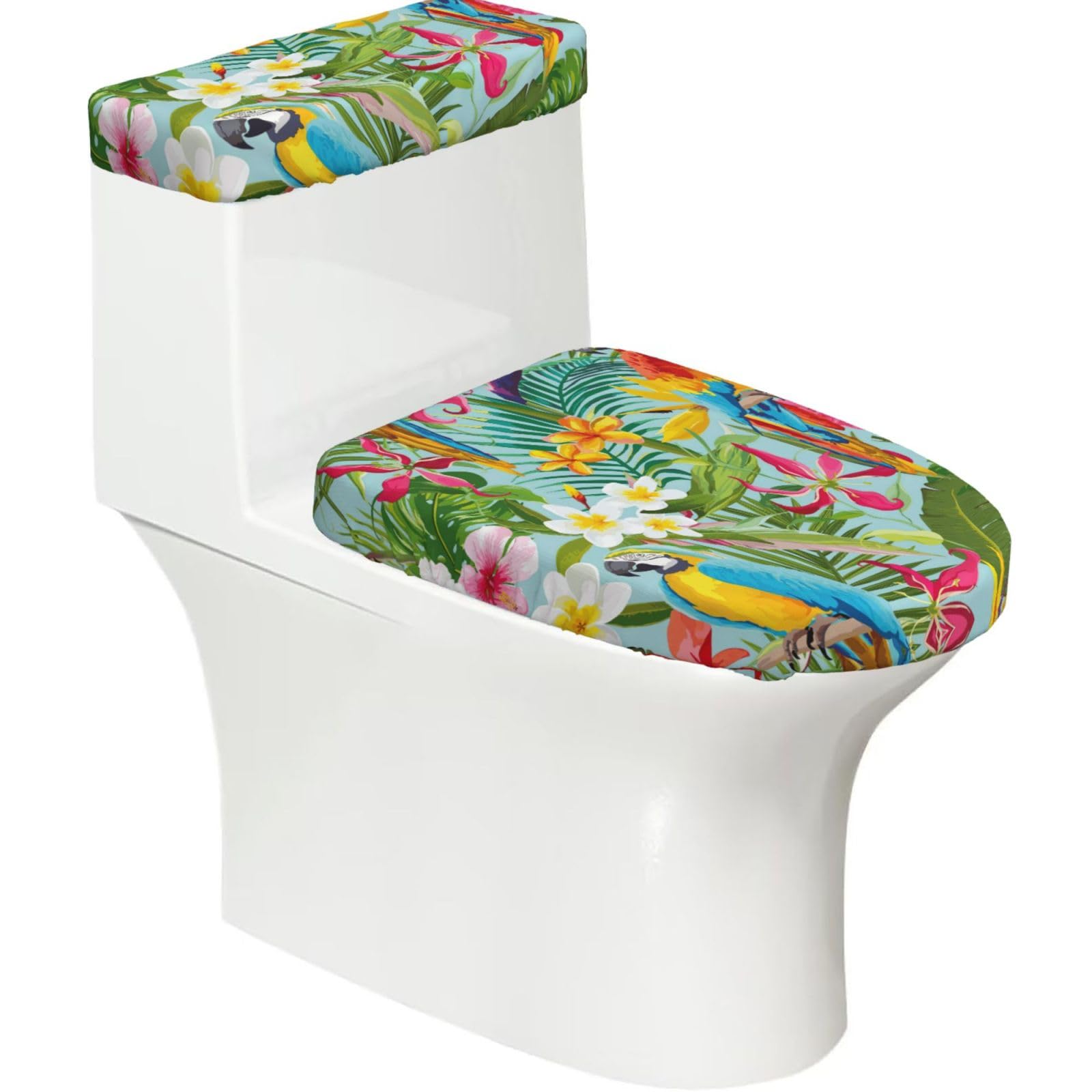 Tropical Plants and Parrots Printed Toilet Tank and Lid Cover Set of 2 for Most Bathrooms, Fits Elongated Round Toilets