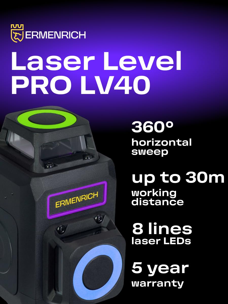 PRO LV40 Zielona Poziomica Laserowa Samopoziomująca Tryb Impulsowy 30 m 2D 8 Linii — 360° — IP54 42 Godziny Czasu Pracy Ładowalna Blokada Kompensatora Fioletowa