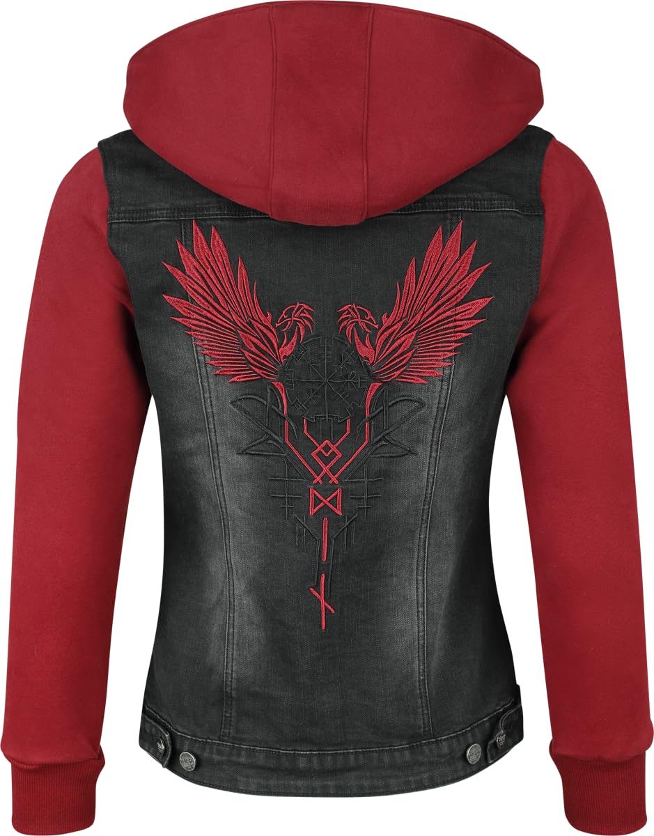 Black Premium by EMP Mujer Chaqueta vaquera negra y roja con capucha desmontable y mangas hechas de tela extra suave para el sudor