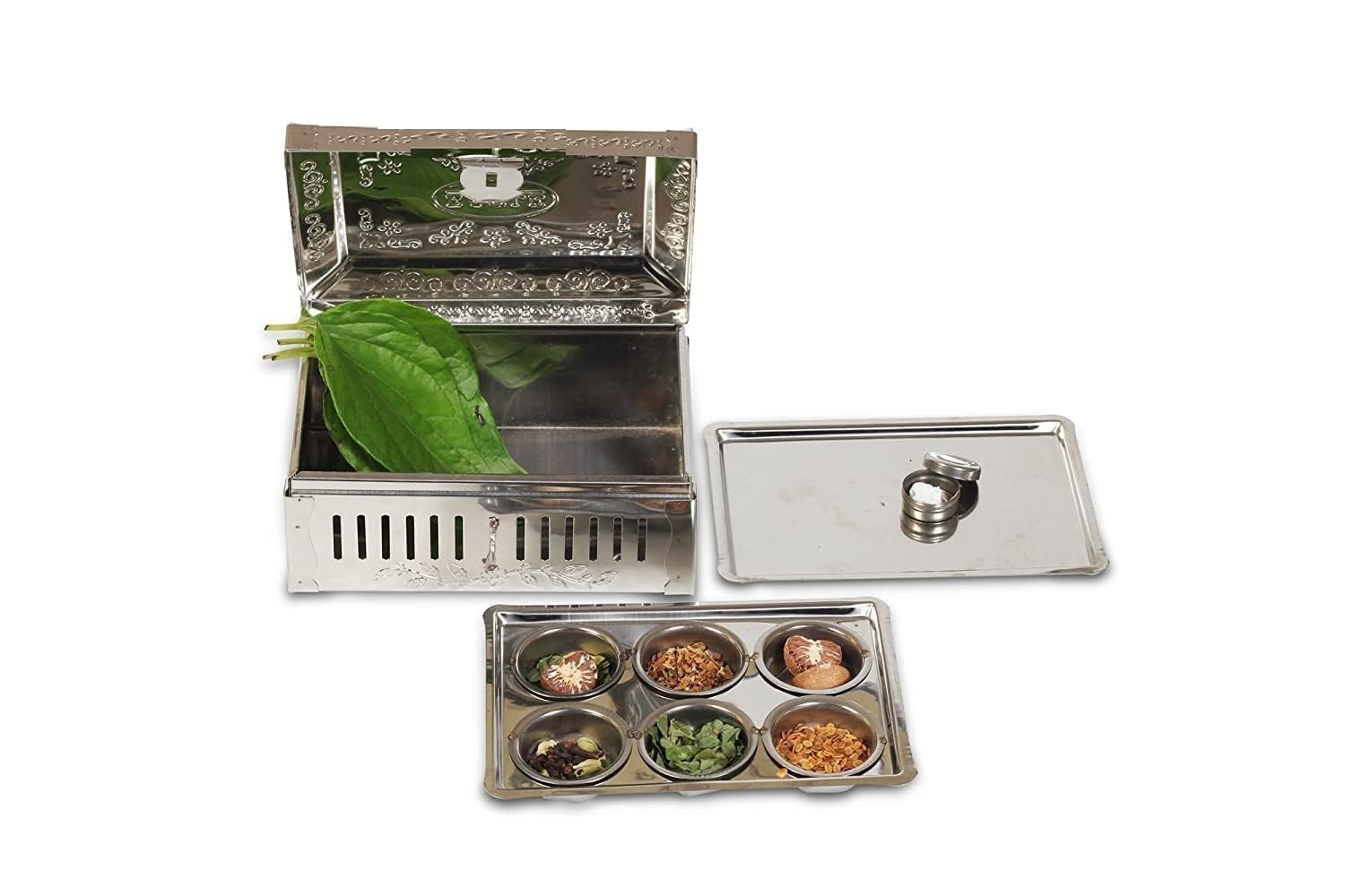 Dynore Premium Stainless Steel Pandan/Pan Masala Box with 6 Compartments | Multi-Purpose Storage for Mouth Freshener, Spices & Dry Fruits, 16x11.5x7 cm, Set Of -1 Pc-image-4