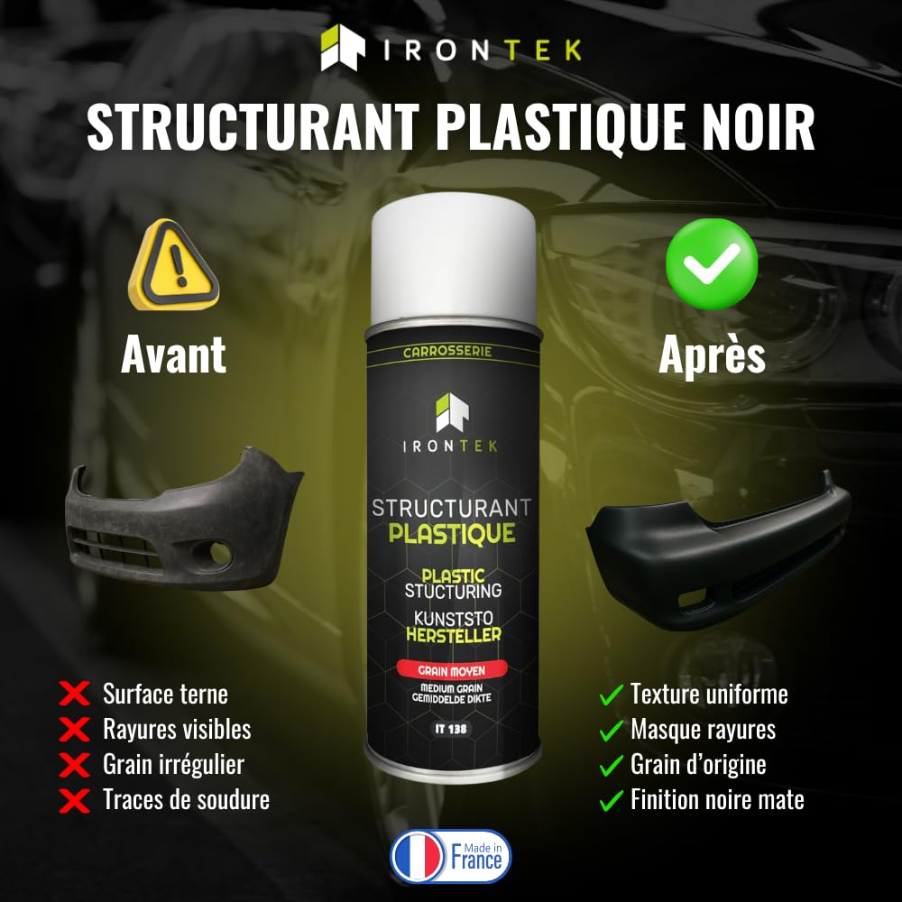Rénovation Pare-Chocs 500ml - IRONTEK | IT138 | Restructurant Plastique Grain Moyen | Forte Adhérence | Haut Pouvoir Couvrant | Formule Professionnelle Carrossier