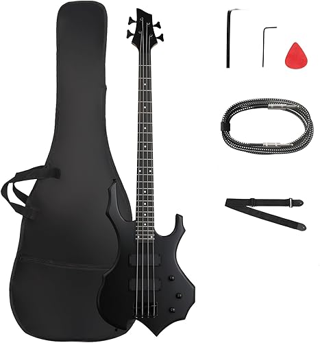 Ktaxon Juego de bajo eléctrico estilo fuego con bolsa de bajo portátil, cable premium, correa de guitarra ajustable, herramienta de llave, plectrum