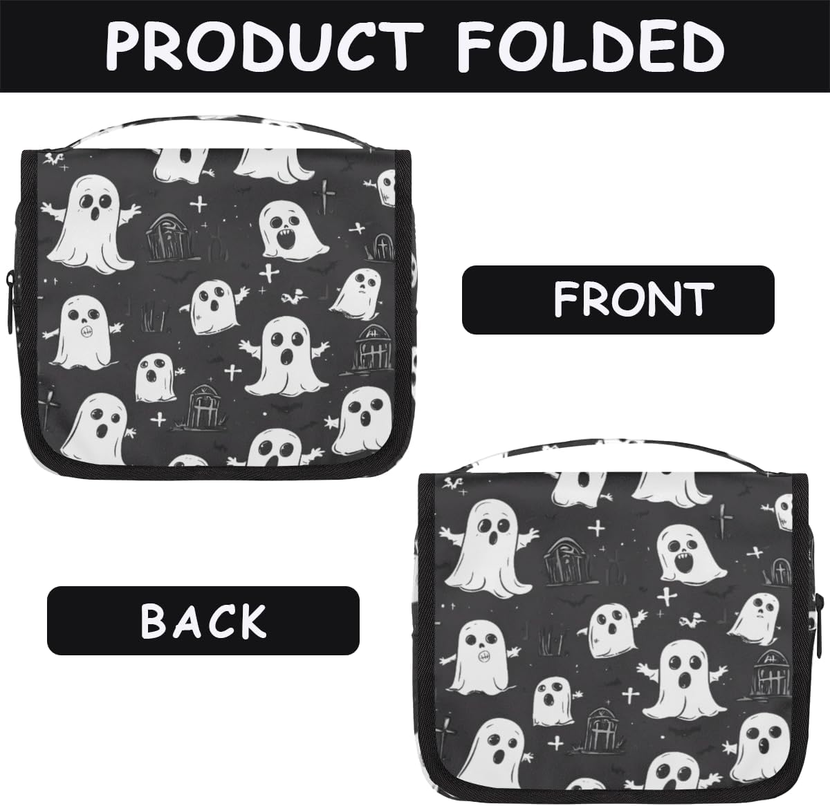 Travel Hanging Toiletry Bag for Women kids, Ghosts Tombstone Cartoon Pattern Cosmetic Bag Waterproof Makeup Organizer for weekend overnight Bathroom