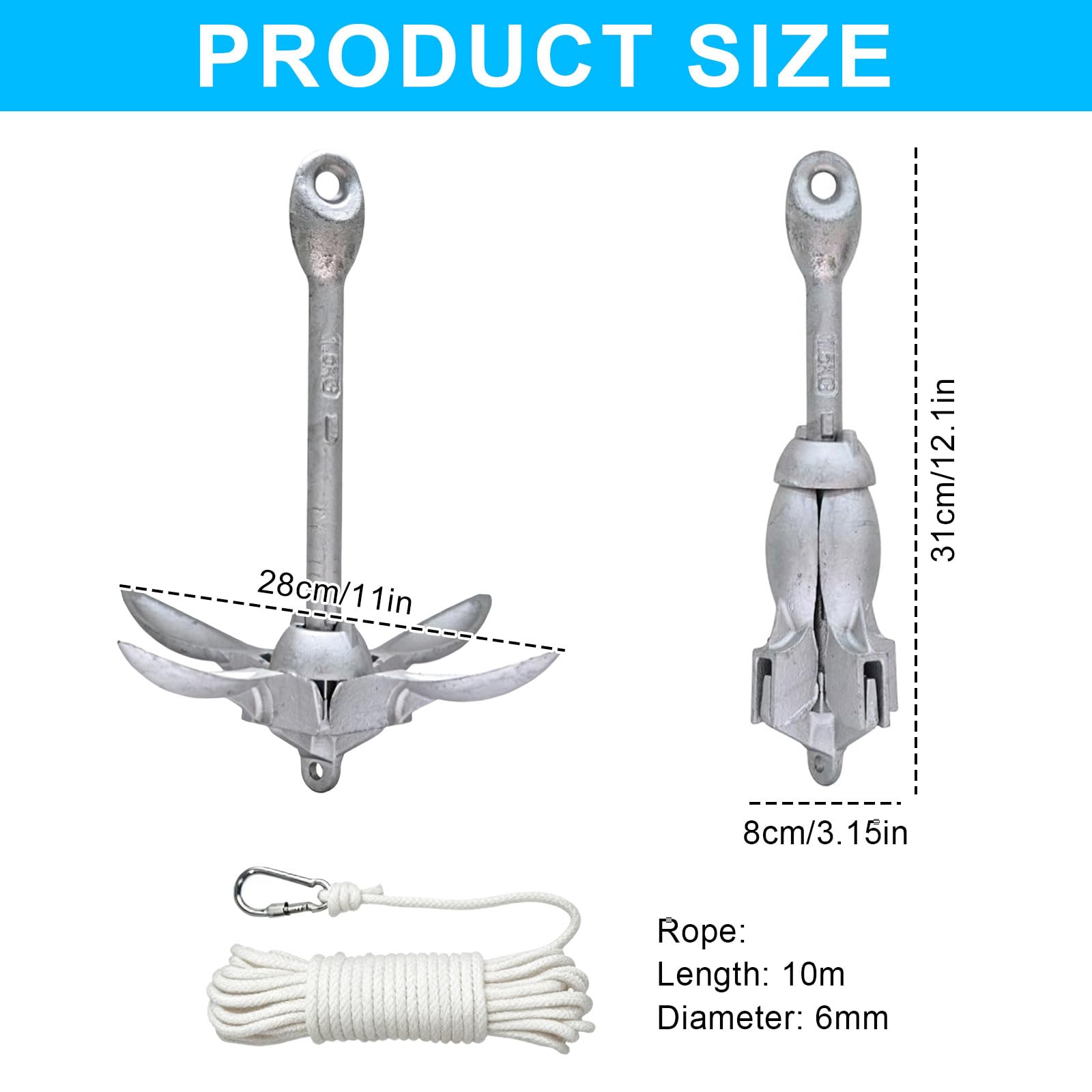 Klappanker 1,5 kg, Bootsanker Set, SUP Anker 20 m Leine, Faltbarer Boot Anker Kajak Kanu Schlauchboot Jetski, Karbonstahl Feuerverzinkt, mit Boje und Tasche